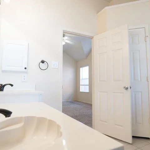 a bathroom with a sink a mirror and a shower
