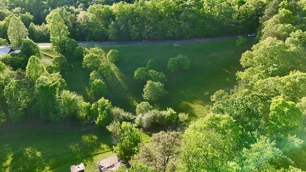a view of a garden with a lake