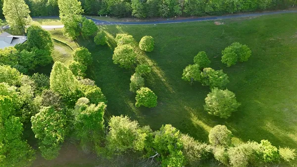 a view of a lush green hillside and a building