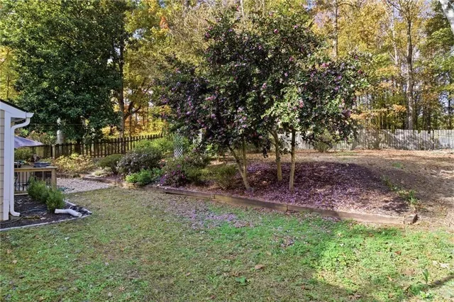 a view of a backyard with large trees