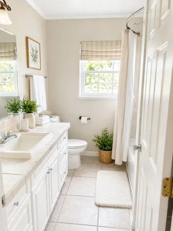 a bath room with a sink toilet and a mirror