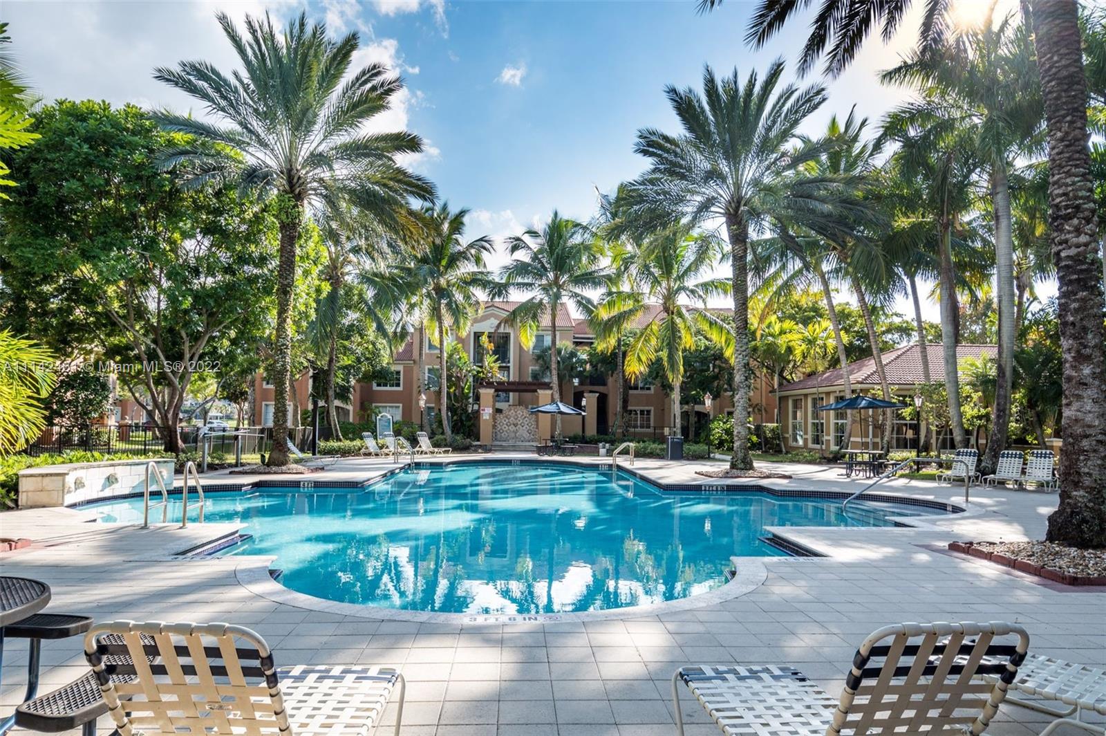 8030 North Nob Hill Road, Unit 306 Tamarac, FL 33321 - Photo 21 of 26 a view of a swimming pool with a lawn chairs and palm trees