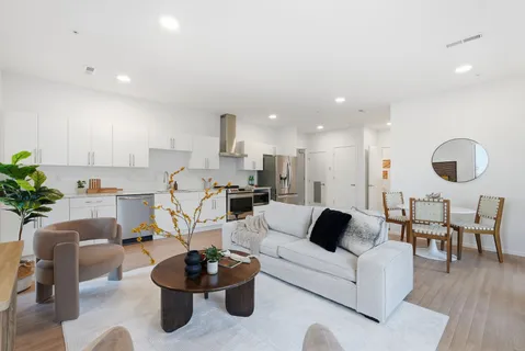 a living room with furniture and a potted plant