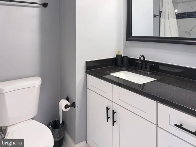 a bathroom with a granite countertop toilet sink and mirror
