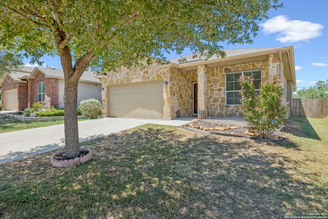 a front view of a house with a yard and tree