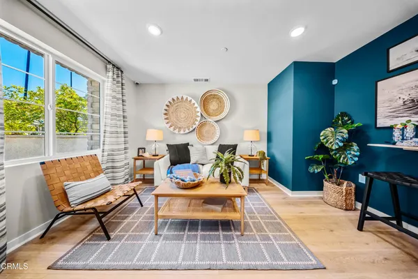 a living room with furniture a rug and a potted plant