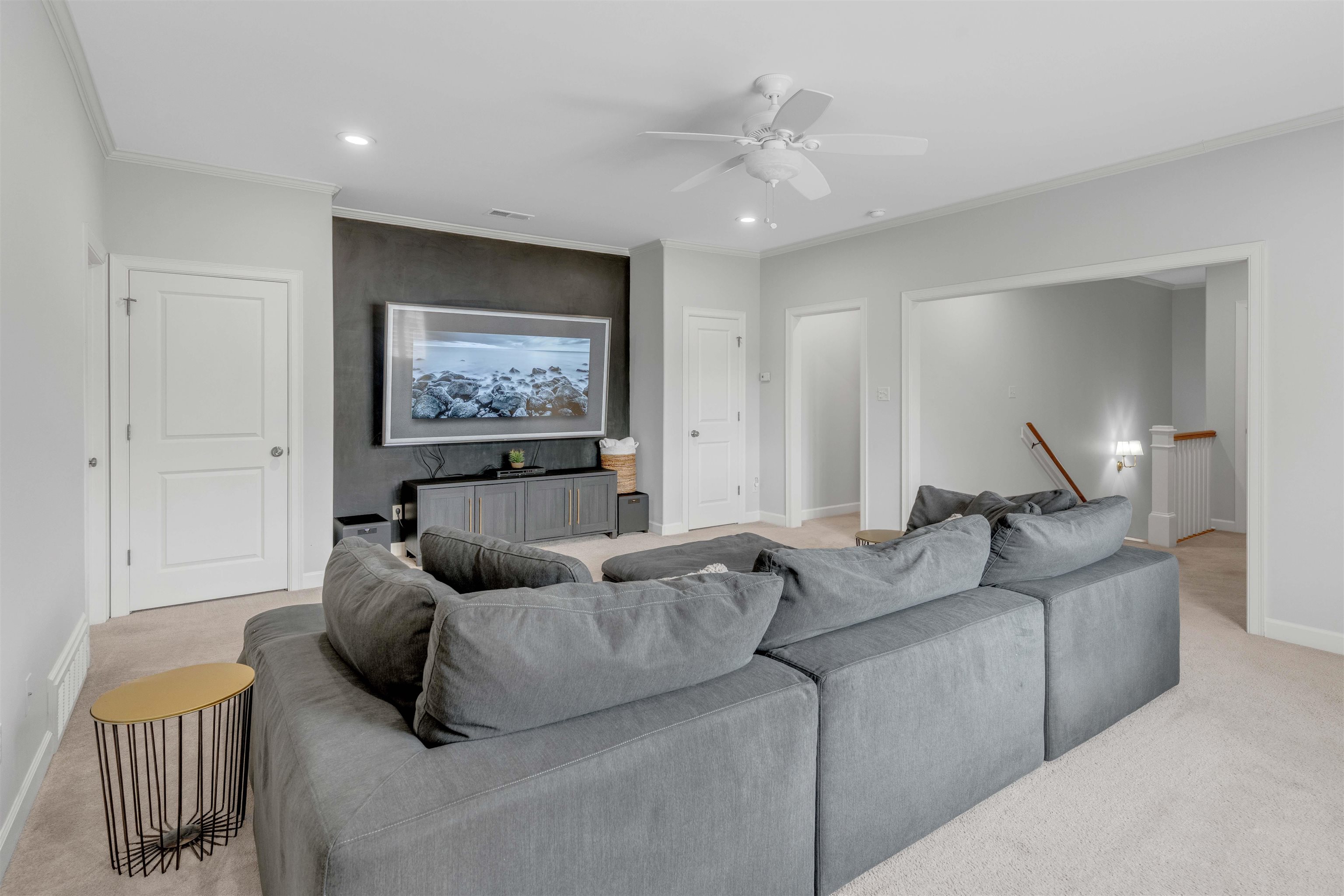 528 Althea Lane Collierville, TN 38017 - Photo 22 of 36 Living room featuring crown molding, recessed lighting, a ceiling fan, and light carpet
