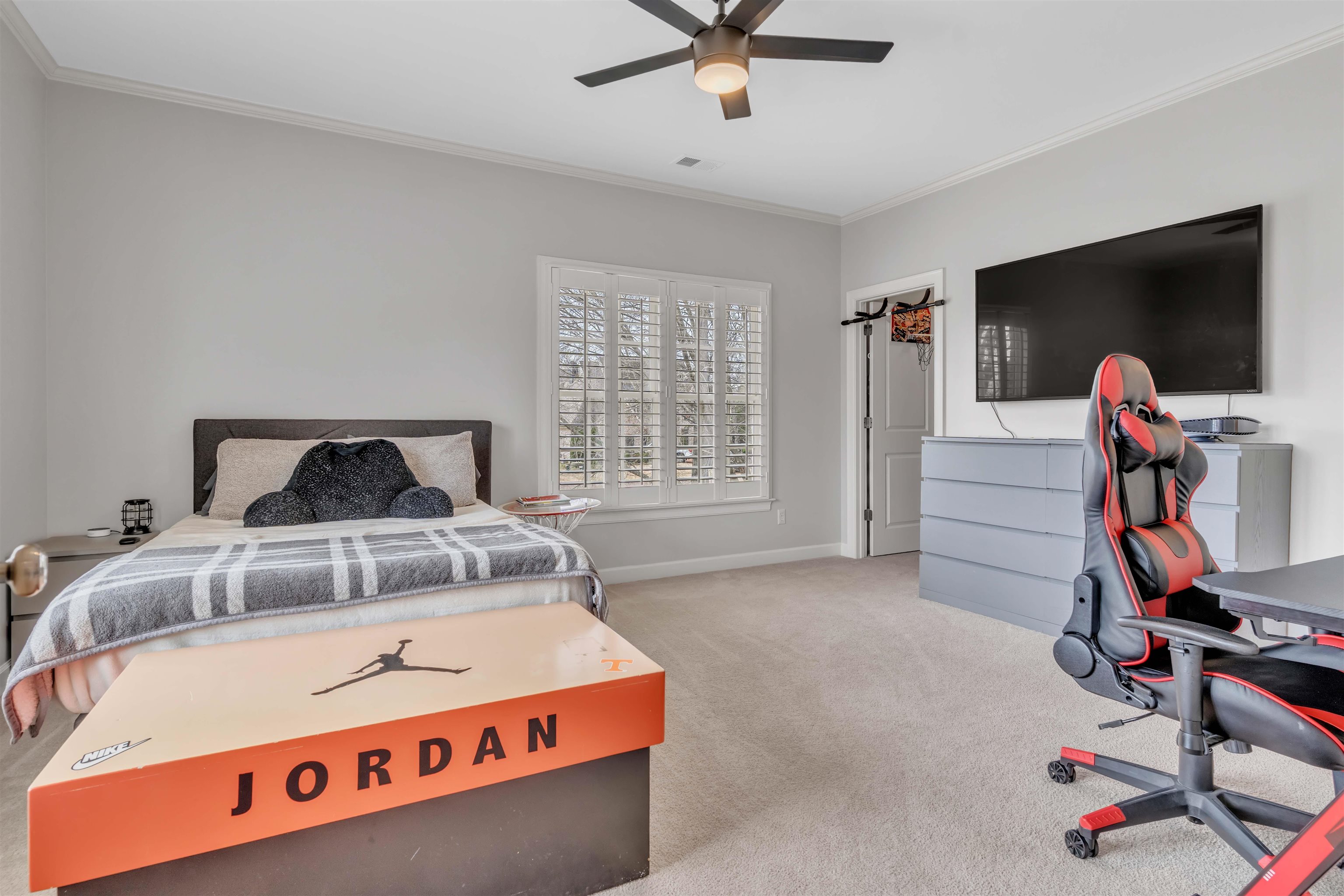 528 Althea Lane Collierville, TN 38017 - Photo 23 of 36 Bedroom with ornamental molding, light carpet, ceiling fan, and a desk