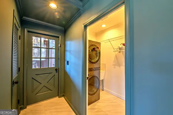 a view of a balcony with door