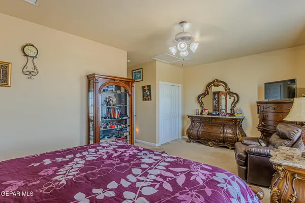a bedroom with a bed and a closet