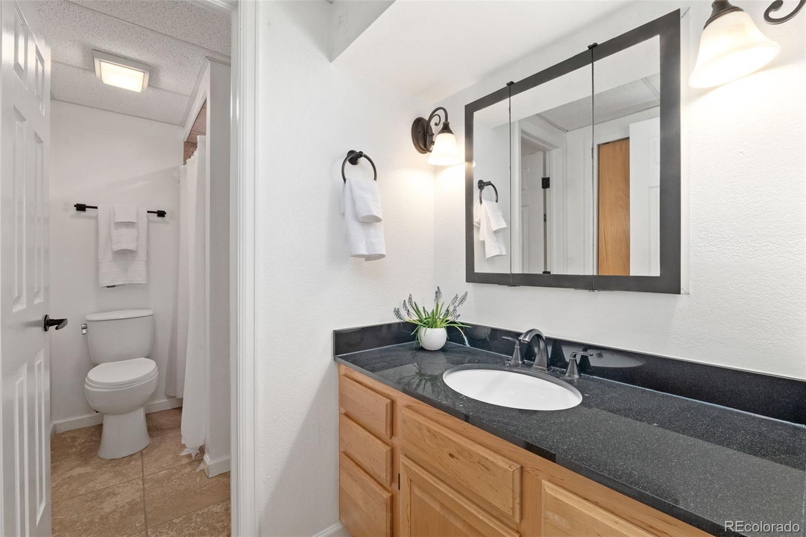 6404 Raleigh Street Arvada, CO 80003 - Photo 44 of 50 a bathroom with a granite countertop sink and a mirror
