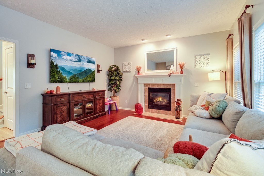 132 Timber Ridge Drive, Unit RDR Elyria, OH 44035 - Photo 7 of 41 Living room featuring wood-type flooring, a textured ceiling, and a fireplace
