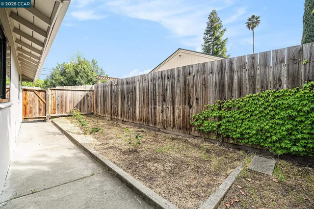 a view of a backyard with plants and wooden fence