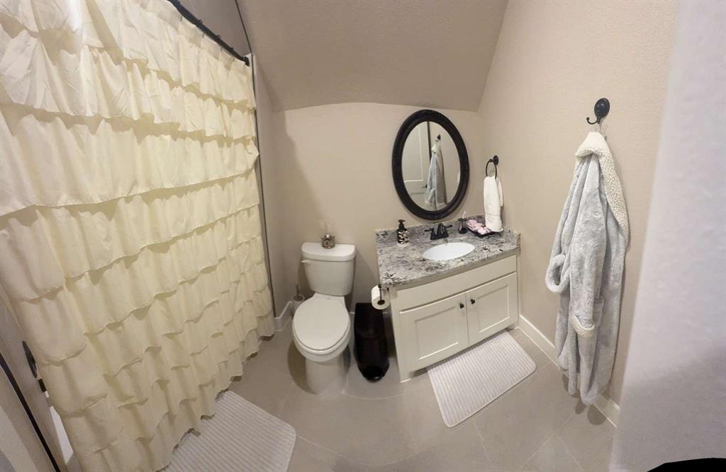 125 Lucky Ridge Lane Boyd, TX 76023 - Photo 27 of 29 Full bathroom featuring vanity, vaulted ceiling, tile patterned flooring, and a shower with shower curtain