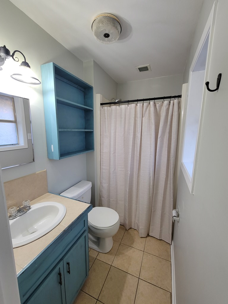 109 7th Street Ingram, TX 78025 - Photo 6 of 15 a bathroom with a sink a toilet a mirror and shower curtain
