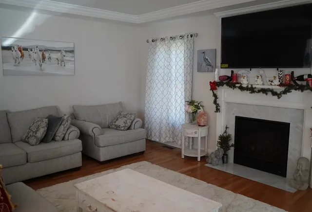 a living room with furniture a flat screen tv and a fireplace