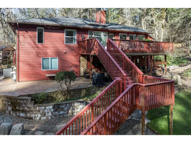 a view of a park with large trees