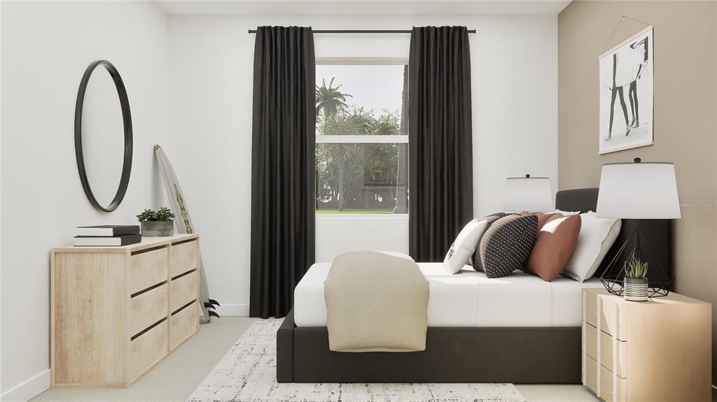 5653 Banyan Bay Road St. Cloud, FL 34771 - Photo 13 of 29 a bedroom with a bed a mirror and lamp