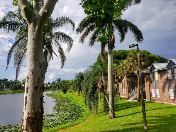a view of a lake with a park