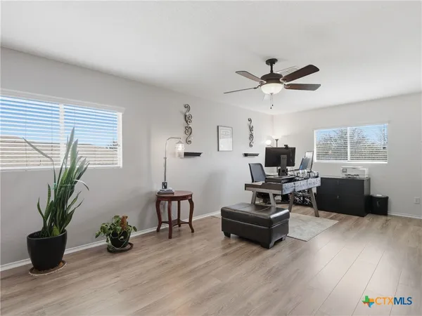 a living room with furniture and a potted plant