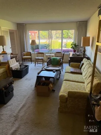 a living room with furniture and large windows