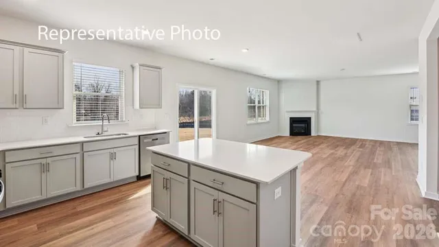 a kitchen with sink cabinets and wooden floor