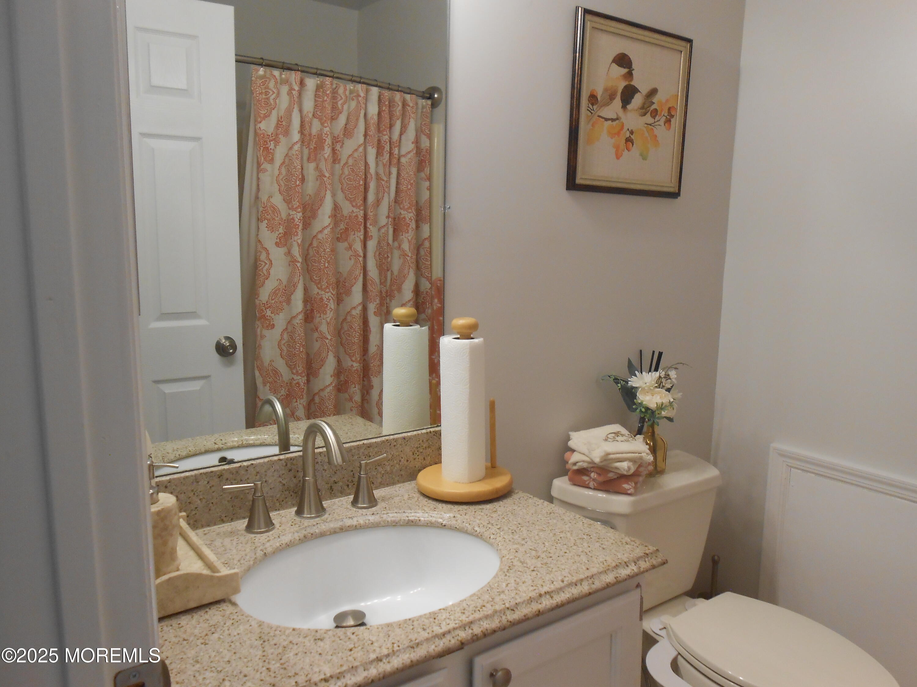 603 Bloomfield Drive Westampton, NJ 08060 - Photo 40 of 66 a bathroom with a granite countertop sink and a mirror with toilet