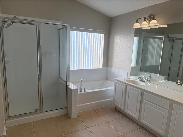 a bathroom with a tub sink and mirror
