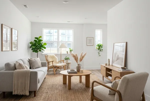 a living room with furniture wooden floor and a potted plant