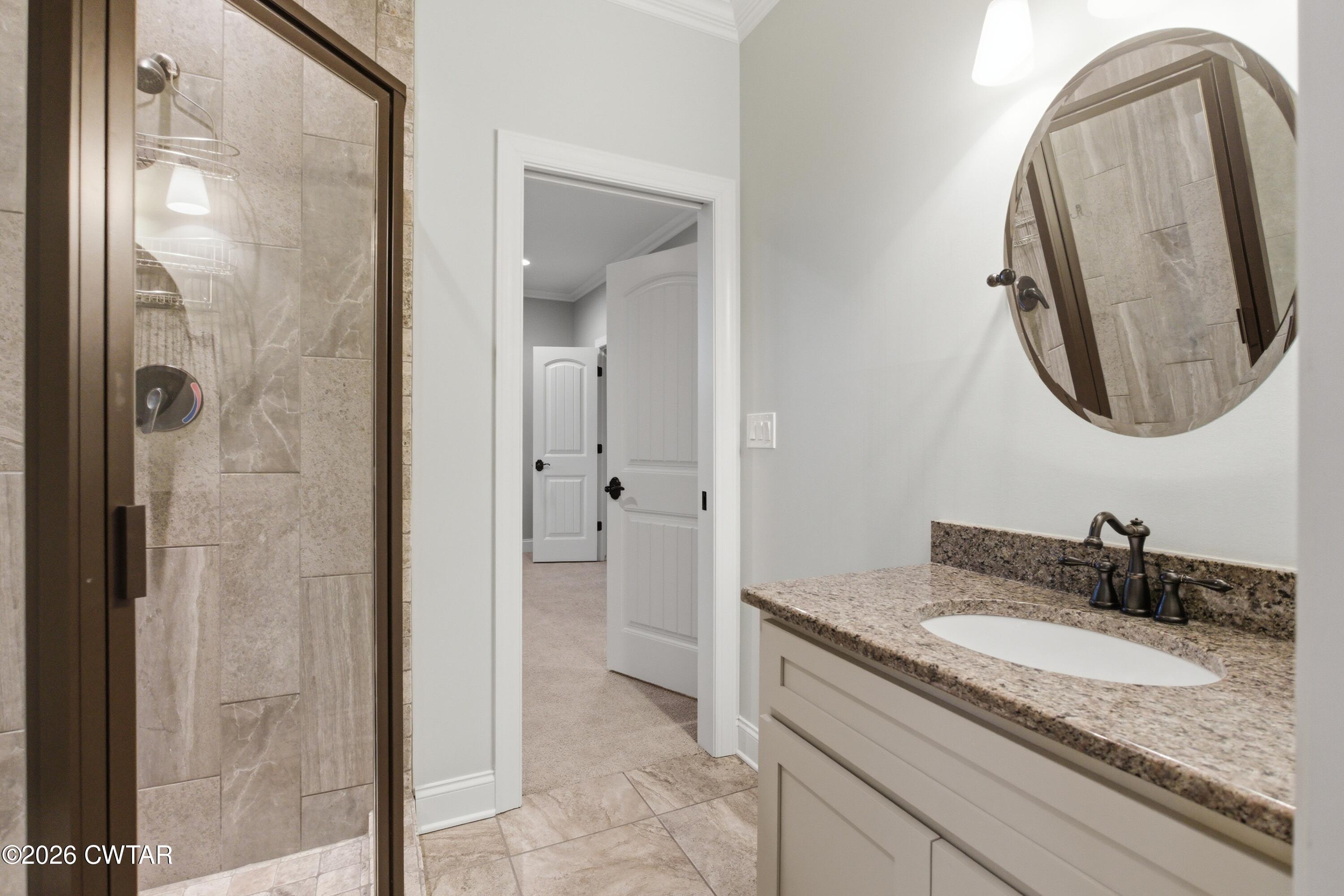 963 Ashport Road Jackson, TN 38305 - Photo 38 of 60 a bathroom with a granite countertop sink a mirror and a shower