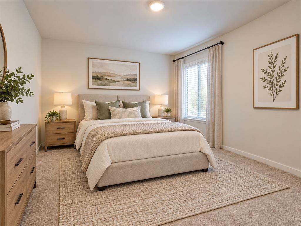 4416 Culrin Way Forney, TX 75126 - Photo 6 of 18 Carpeted bedroom featuring an upholstered bed frame, a window with blinds and drapes, and a flush-mount ceiling light. Virtually Staged.