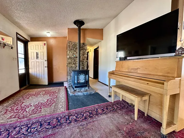 a room with a flat screen tv and a rug