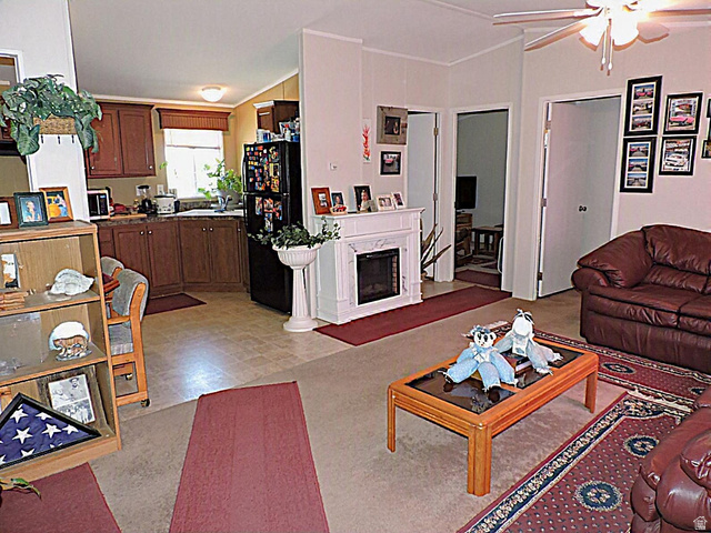 915 North 5000 W Road Hinckley, UT 84635 - Photo 3 of 27 Open-concept living area featuring a decorative fireplace surround, ceiling fan, and carpeted flooring