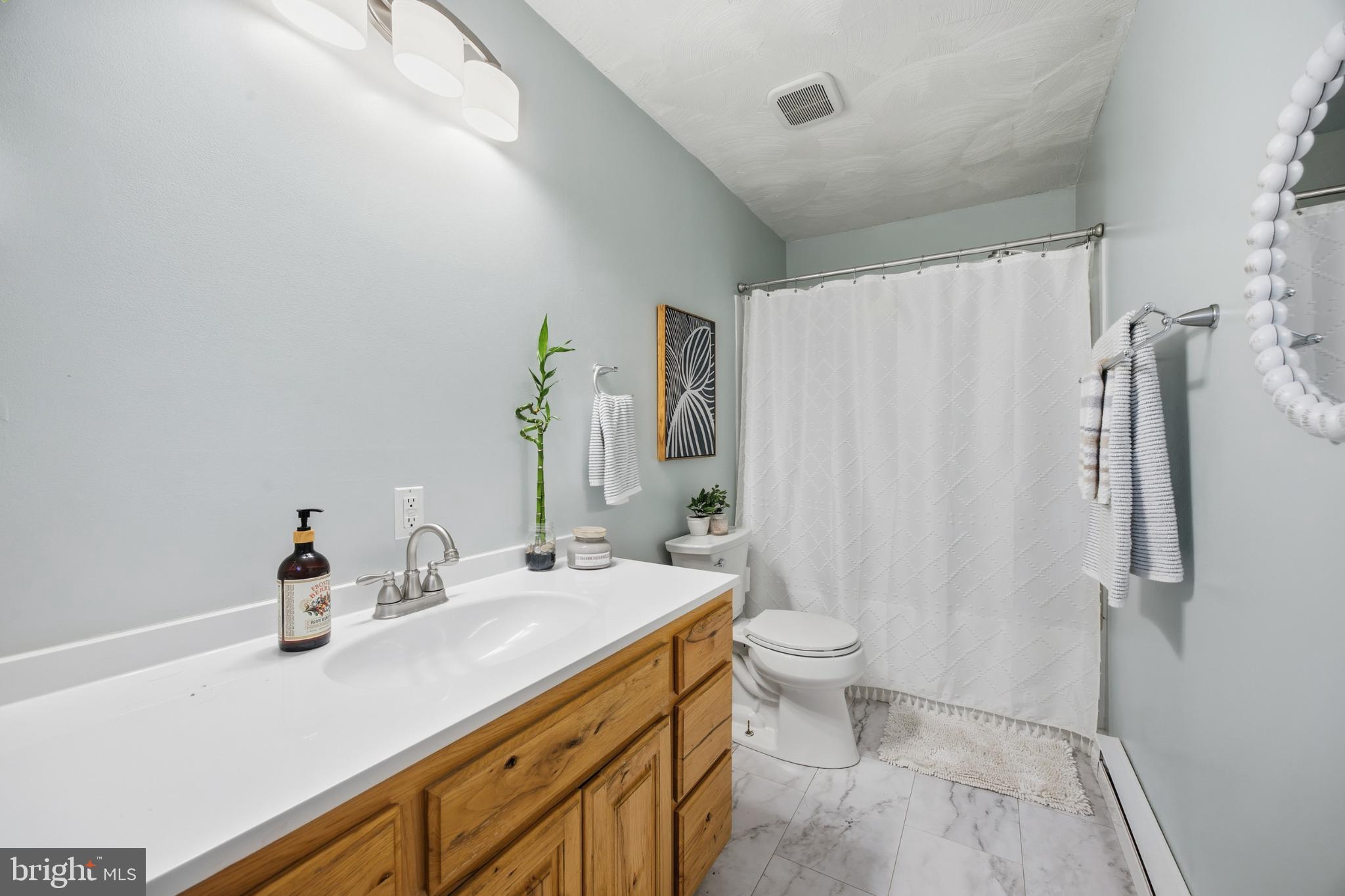 128 Hemlock Lane Gerrardstown, WV 25420 - Photo 8 of 44 a bathroom with a sink a toilet and shower curtain