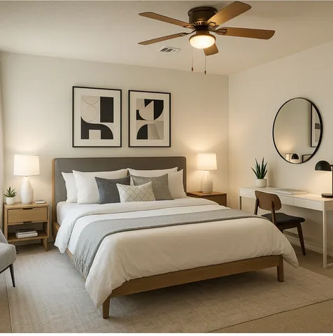 a bedroom with bed and a chandelier