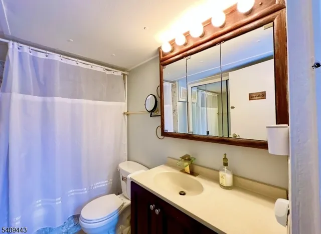 a bathroom with a sink vanity mirror and toilet