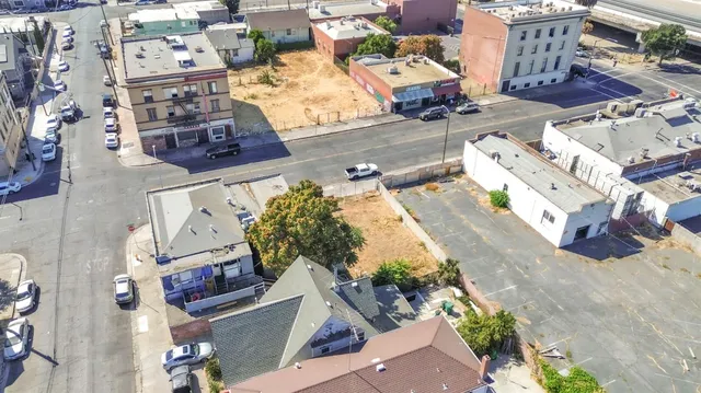 an aerial view of a house with a garden