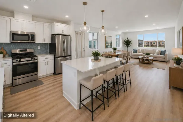 a kitchen with stainless steel appliances granite countertop a stove a refrigerator a kitchen island a sink a stove and white cabinets with wooden floor