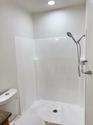 a bathroom with a shower and toilet
