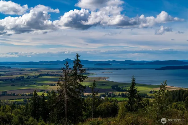 a view of a lake in between the building