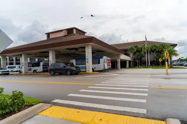 a view of a park with large trees