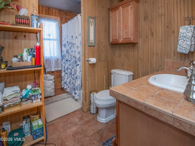 a bathroom with a sink a toilet and shower curtain