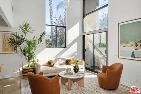 a living room with furniture and a potted plant