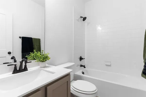 a bathroom with a sink a toilet a tub and mirror