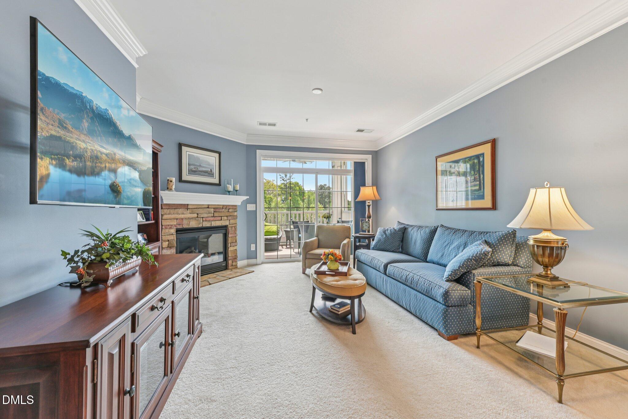 10411 Rosegate Court, Unit 205 Raleigh, NC 27617 - Photo 5 of 38 a living room with furniture and a fireplace