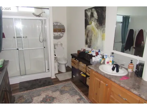 a bathroom with a sink mirror and shower
