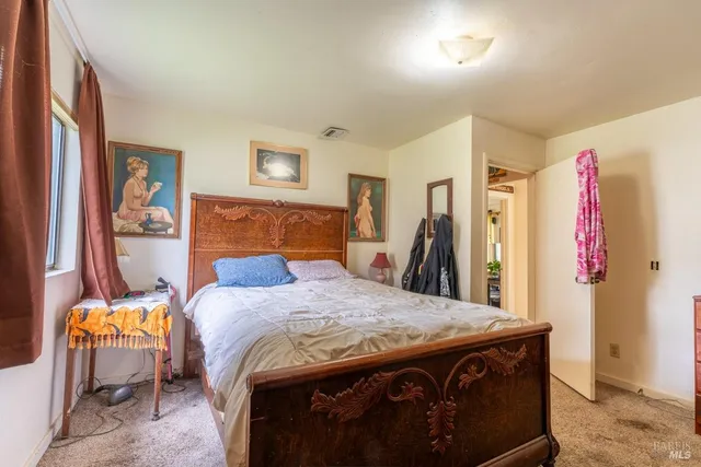 a bedroom with a bed and a closet