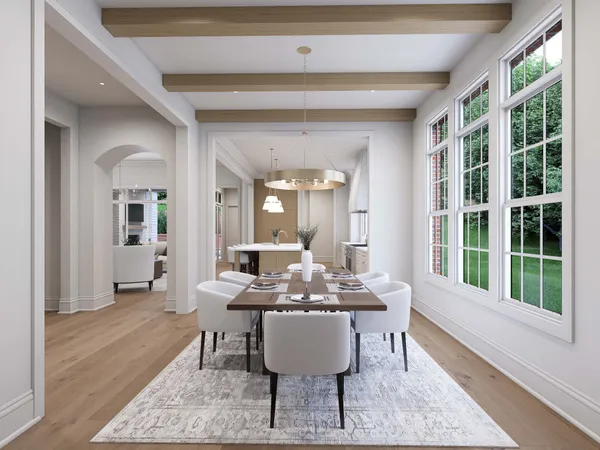 a dining room with furniture and wooden floor