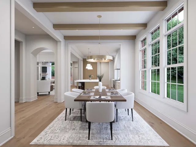 a dining room with furniture and wooden floor