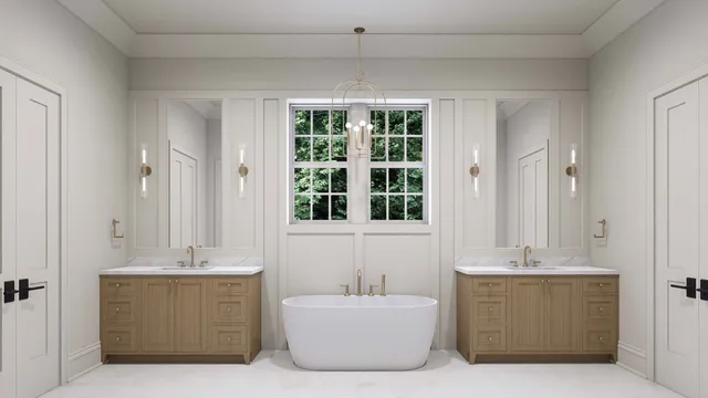 a bathroom with a tub sink and mirror